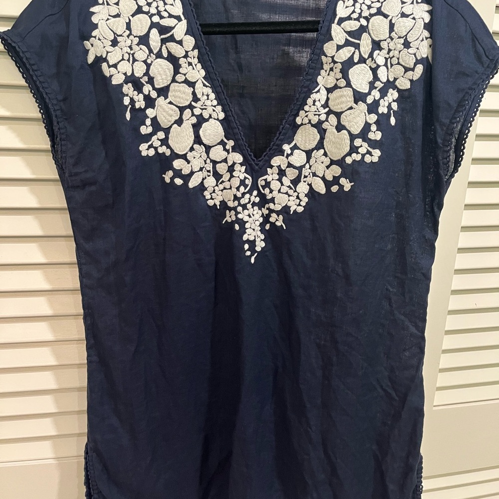 Tory Burch Navy Blue linen tunic Top with White Floral Embroidery